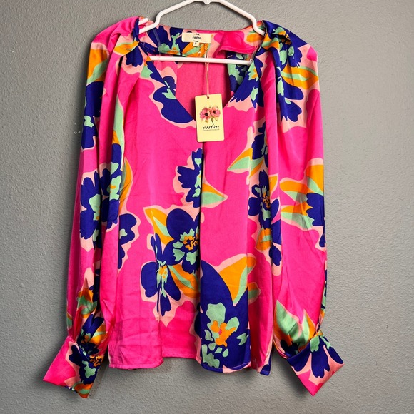 entro Tops - Entro Pink Bold Print Artsy Valentines Love Floral Balloon SL V Neck Blouse Sz S